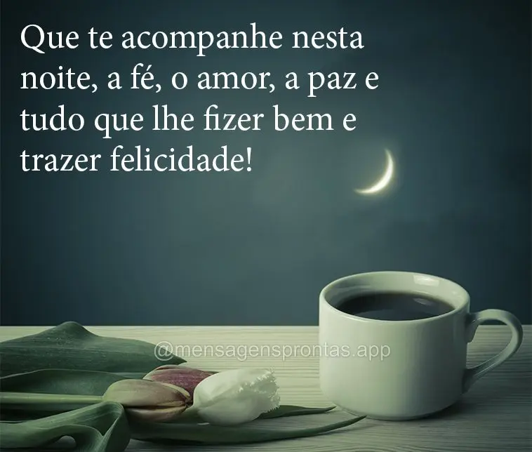 Que te acompanhe nesta noite, a fé, o amor, a paz e tudo que lhe fizer bem e trazer felicidade!