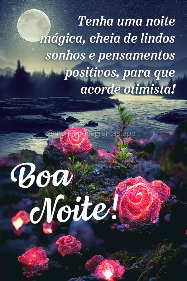 Tenha uma noite mágica, cheia de lindos sonhos e pensamentos positivos, para que acorde otimista! Boa noite!