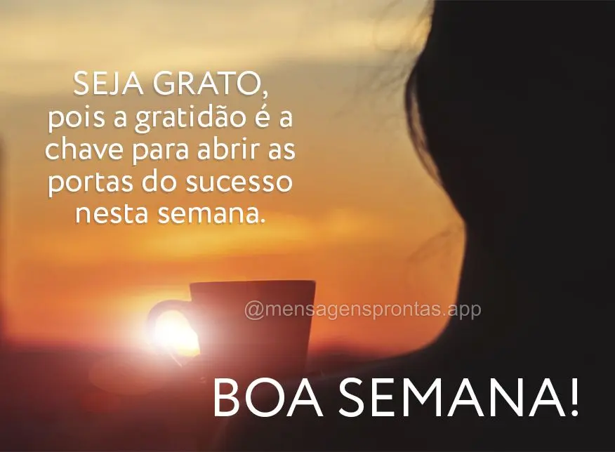 Seja grato, pois a gratidão é a chave para abrir as portas do sucesso nesta semana. Boa semana!