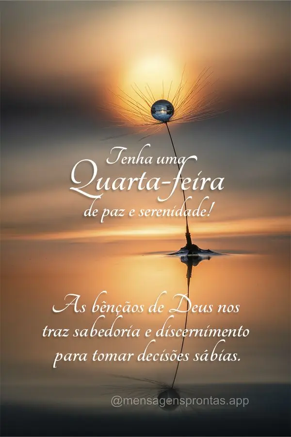 As bênçãos de Deus nos traz sabedoria e discernimento para tomar decisões sábias. Tenha uma Quarta-feira de paz e serenidade!