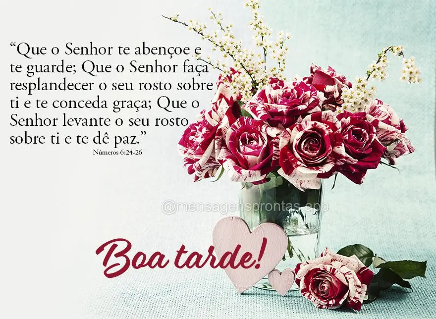 "Que o Senhor te abençoe e te guarde; Que o Senhor faça resplandecer o seu rosto sobre ti e te conceda graça; Que o Senhor levante o seu rosto sobre t...