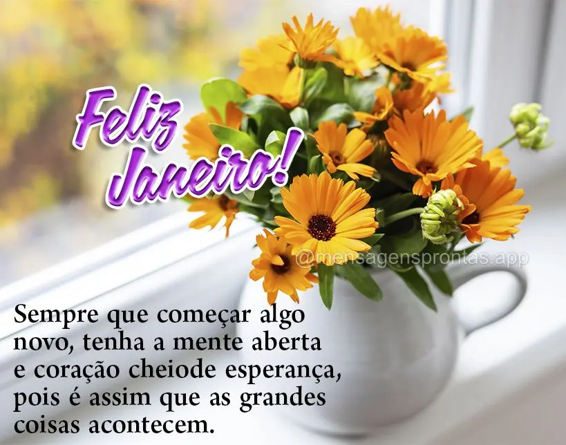 Sempre que começar algo novo, tenha a mente aberta e coração cheio de esperança, pois é assim que as grandes coisas acontecem. Feliz Janeiro!