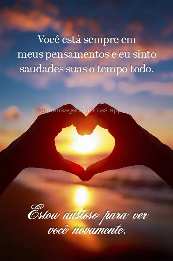 Você está sempre em meus pensamentos e eu sinto saudades suas o tempo todo. Estou ansioso para ver você novamente.