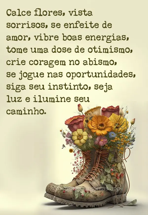 Calce flores, vista sorrisos, se enfeite de amor, vibre boas energias, tome uma dose de otimismo, crie coragem no abismo, se jogue nas oportunidades, sig...