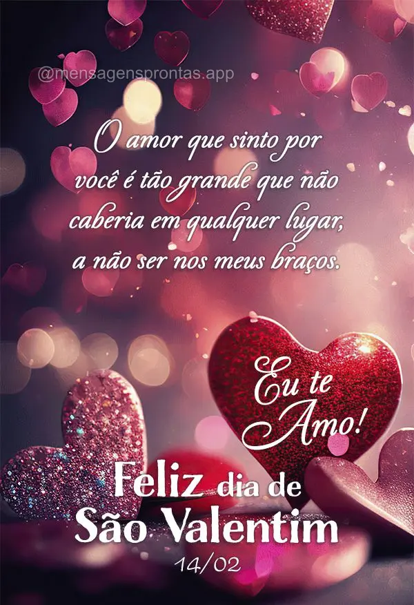 O amor que sinto por você é tão grande que não caberia em qualquer lugar, a não ser nos meus braços. Eu te amo! Feliz dia de São Valentim 14/02