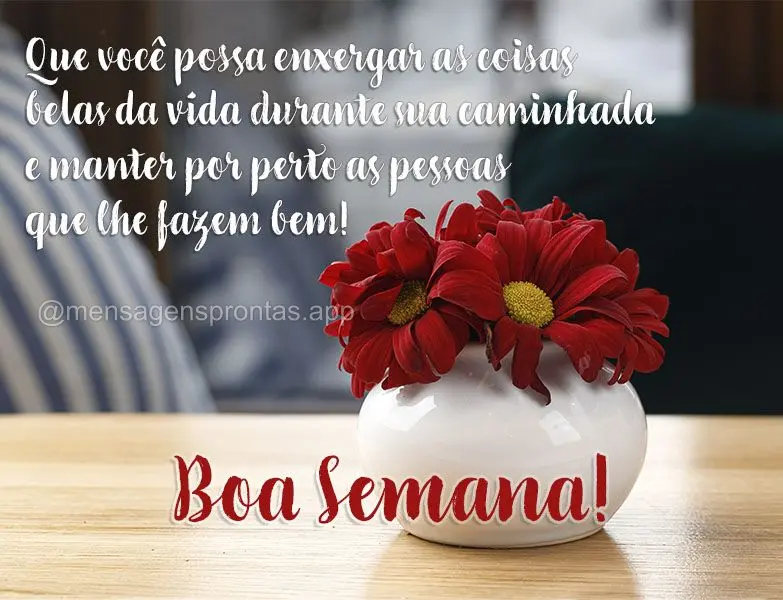 Que você possa enxergar as coisas belas da vida durante sua caminhada e manter por perto as pessoas que lhe fazem bem! Boa Semana! 