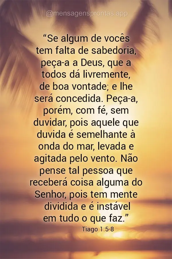 “Se algum de vocês tem falta de sabedoria, peça-a a Deus, que a todos dá livremente, de boa vontade; e lhe será concedida. Peça-a, porém, com fé...