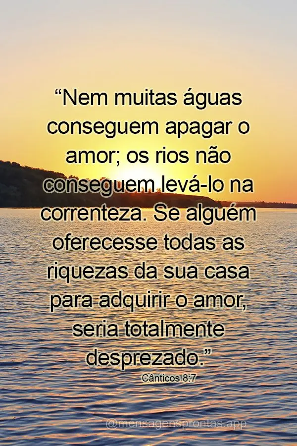 “Nem muitas águas conseguem apagar o amor; os rios não conseguem levá-lo na correnteza. Se alguém oferecesse todas as riquezas da sua casa para adq...