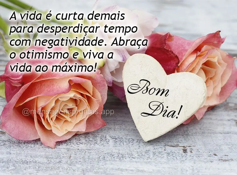 A vida é curta demais para desperdiçar tempo com negatividade. Abraça o otimismo e viva a vida ao máximo! Bom dia!