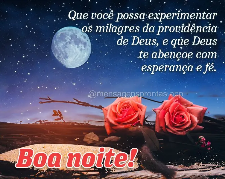 Que você possa experimentar os milagres da providência de Deus, e que Deus te abençoe com esperança e fé. Boa noite!