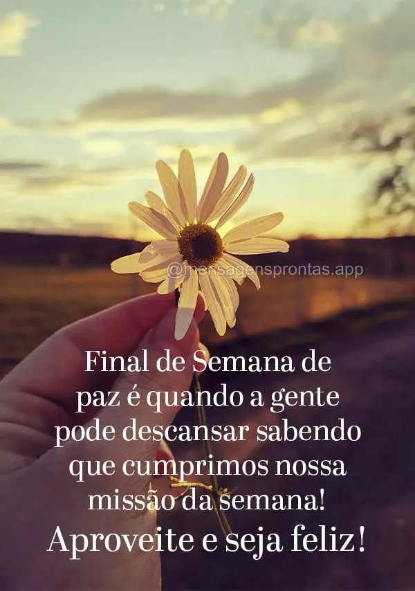 Final de Semana de paz é quando a gente pode descansar sabendo que cumprimos nossa missão da semana! Aproveite e seja feliz!