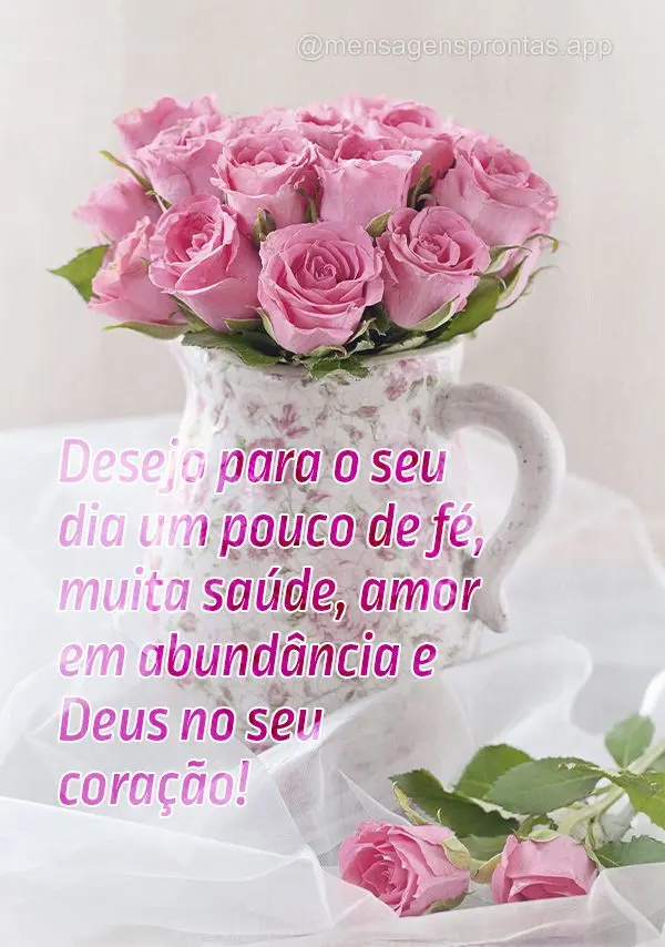 Desejo para o seu dia um pouco de fé, muita saúde, amor em abundância e Deus no seu coração!