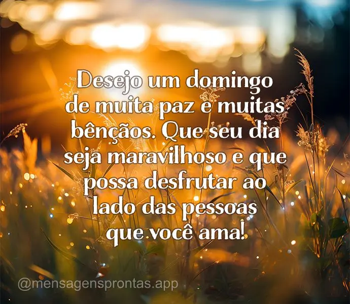 Desejo um domingo de muita paz e muitas bênçãos. Que seu dia seja maravilhoso e que possa desfrutar ao lado das pessoas que você ama!