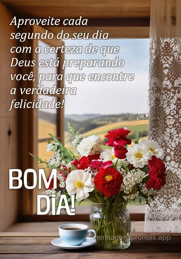 Aproveite cada segundo do seu dia com a certeza de que Deus está preparando você, para que encontre a verdadeira felicidade! Bom dia!