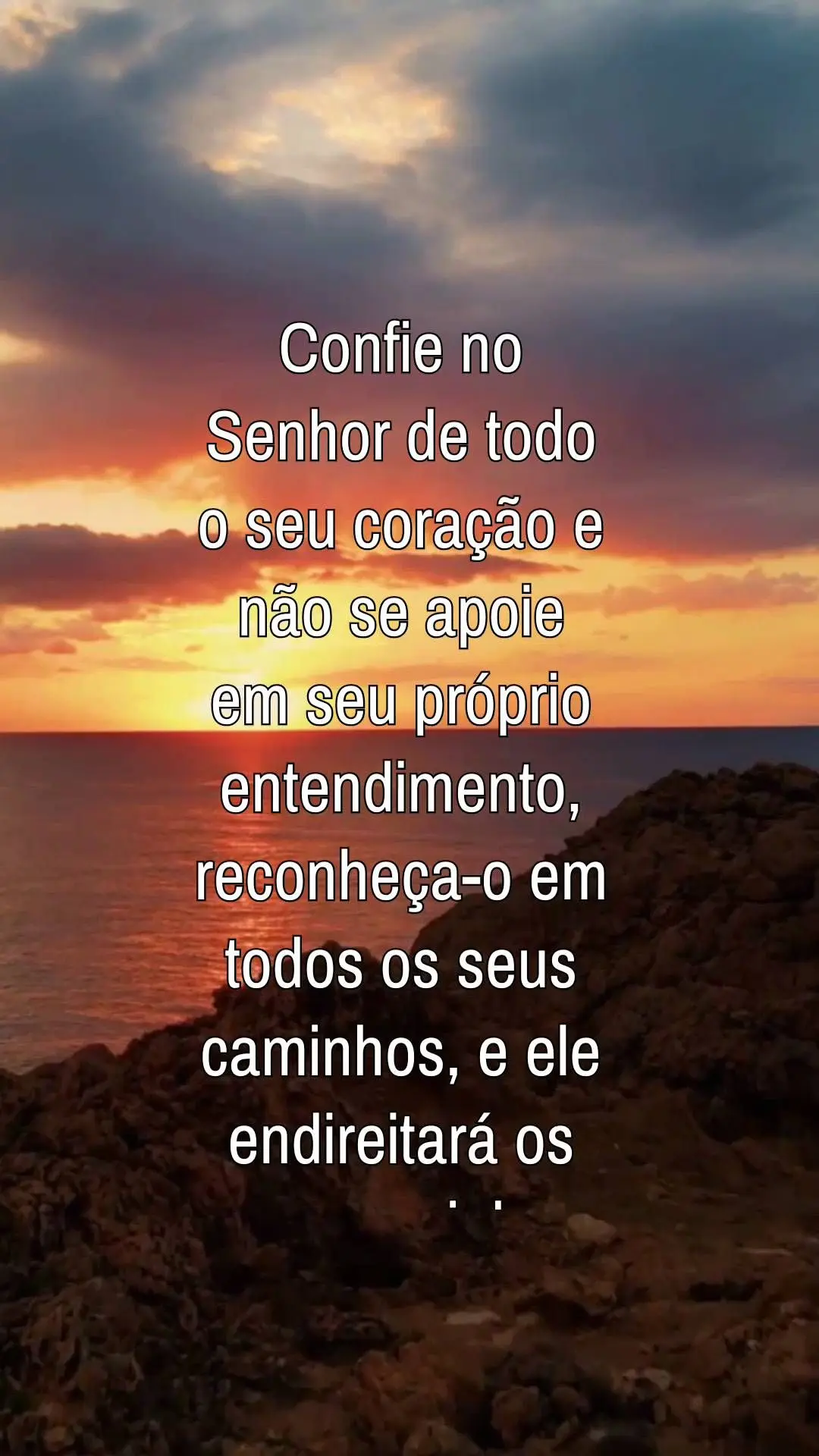 Confie no Senhor de todo o seu coração e não se apoie em seu próprio entendimento, reconheça-o em todos os seus caminhos, e ele endireitará os seus...