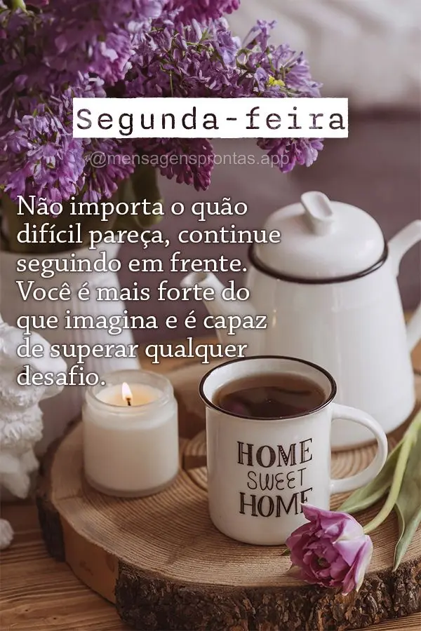 Não importa o quão difícil pareça, continue seguindo em frente. Você é mais forte do que imagina e é capaz de superar qualquer desafio. Segunda-fe...