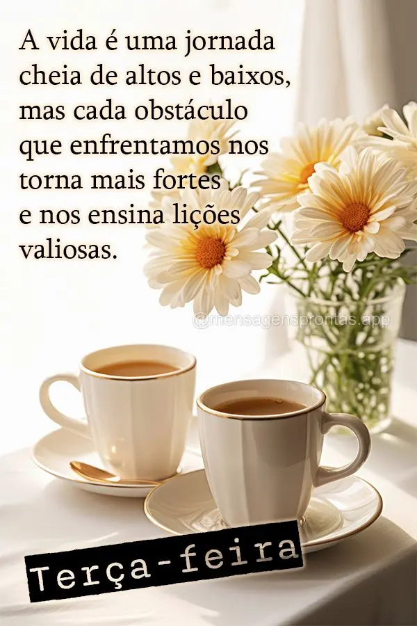 A vida é uma jornada cheia de altos e baixos, mas cada obstáculo que enfrentamos nos torna mais fortes e nos ensina lições valiosas. Terça-feira!