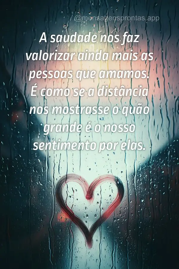 A saudade nos faz valorizar ainda mais as pessoas que amamos. É como se a distância nos mostrasse o quão grande é o nosso sentimento por elas.