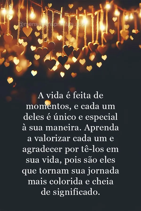 A vida é feita de momentos, e cada um deles é único e especial à sua maneira. Aprenda a valorizar cada um e agradecer por tê-los em sua vida, pois s...