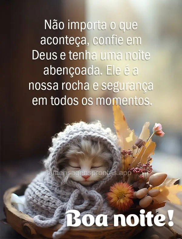 Não importa o que aconteça, confie em Deus e tenha uma noite abençoada. Ele é a nossa rocha e segurança em todos os momentos. Boa noite!