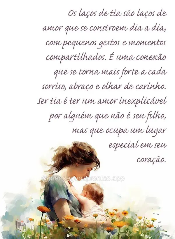 Os laços de tia são laços de amor que se constroem dia a dia, com pequenos gestos e momentos compartilhados. É uma conexão que se torna mais forte a...