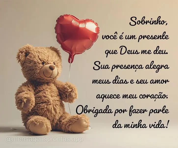 Sobrinho, você é um presente que Deus me deu. Sua presença alegra meus dias e seu amor aquece meu coração. Obrigada por fazer parte da minha vida!...