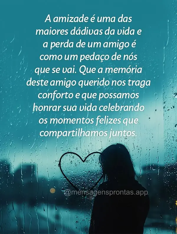 A amizade é uma das maiores dádivas da vida e a perda de um amigo é como um pedaço de nós que se vai. Que a memória deste amigo querido nos traga c...