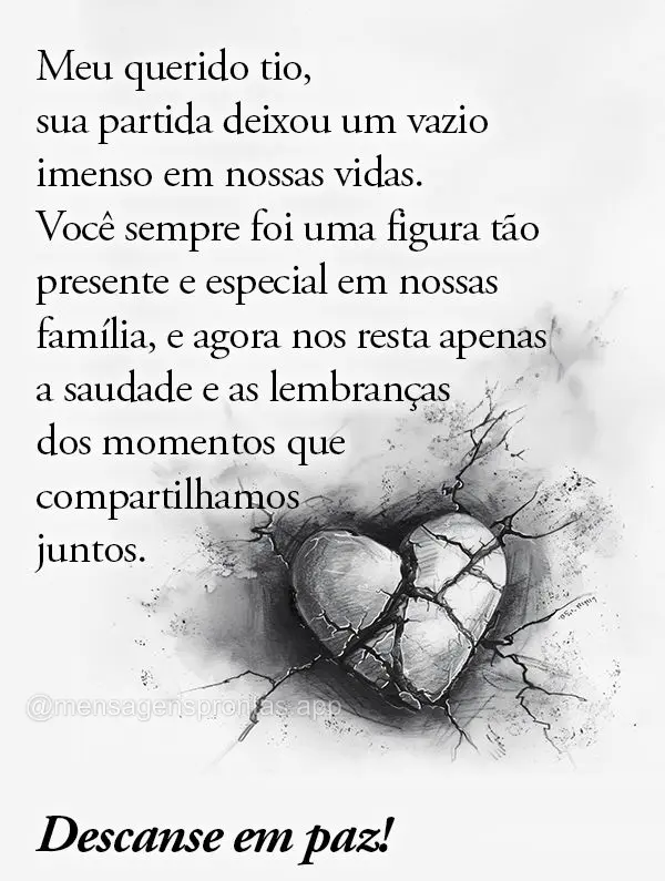 Meu querido tio, sua partida deixou um vazio imenso em nossas vidas. Você sempre foi uma figura tão presente e especial em nossas família, e agora nos...