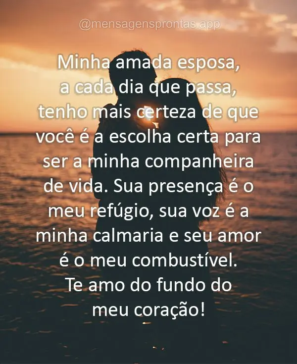 Minha amada esposa, a cada dia que passa, tenho mais certeza de que você é a escolha certa para ser a minha companheira de vida. Sua presença é o meu...