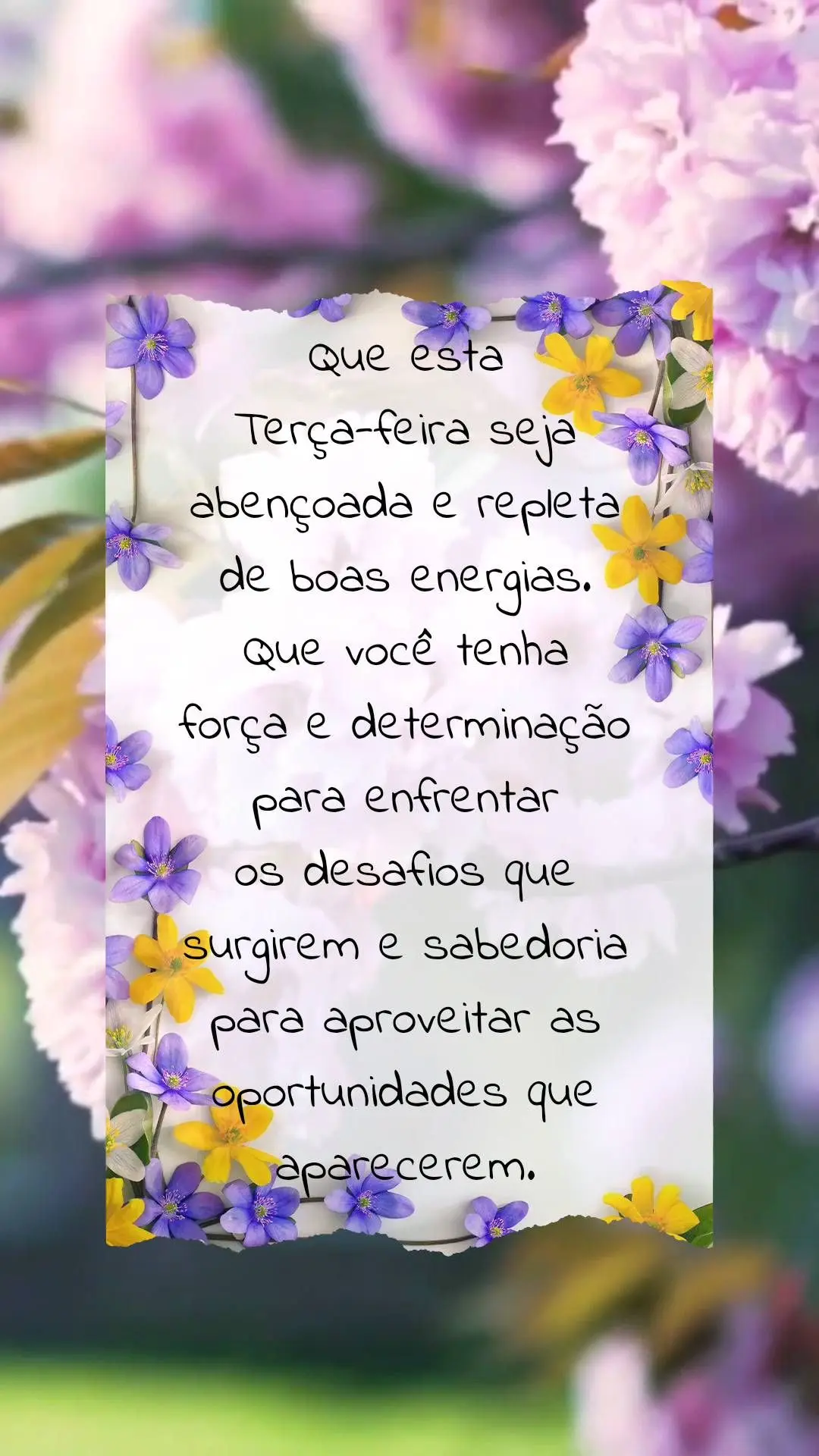 Que esta 
Terça-feira seja abençoada e repleta de boas energias. 
Que você tenha força e determinação para enfrentar 
os desafios que surgirem e...