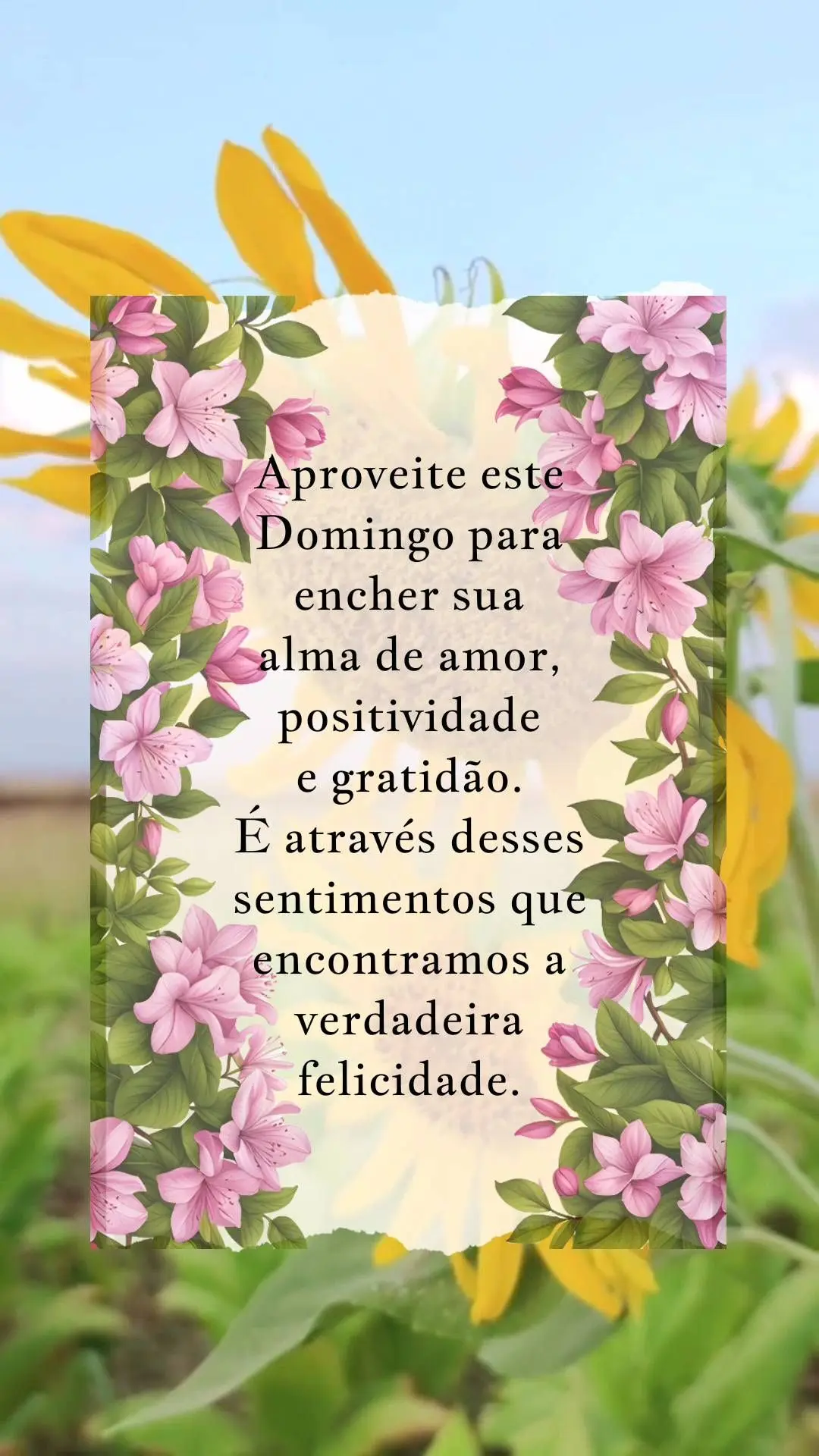 Aproveite este Domingo para encher sua 
alma de amor, positividade 
e gratidão. 
É através desses sentimentos que encontramos a verdadeira felicidade....