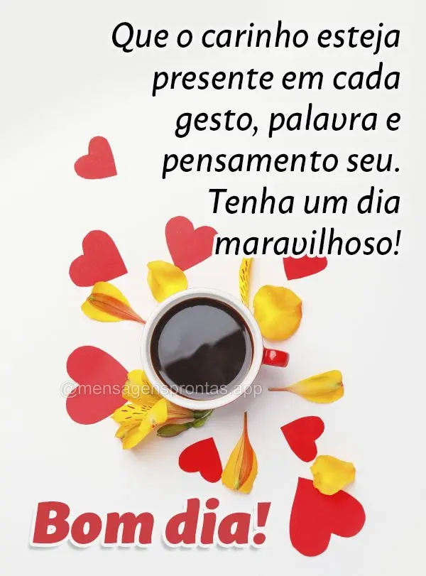 Que o carinho esteja presente em cada gesto, palavra e pensamento seu. Tenha um dia maravilhoso! Bom dia! 