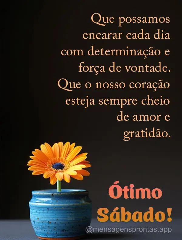 Que possamos encarar cada dia com determinação e força de vontade. Que o nosso coração esteja sempre cheio de amor e gratidão. Ótimo Sábado!