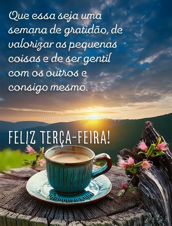 Que essa seja uma semana de gratidão, de valorizar as pequenas coisas e de ser gentil com os outros e consigo mesmo. Feliz Terça-feira!