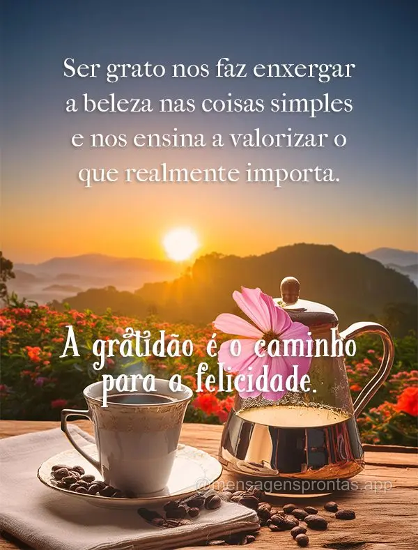 Ser grato nos faz enxergar a beleza nas coisas simples e nos ensina a valorizar o que realmente importa. A gratidão é o caminho para a felicidade.