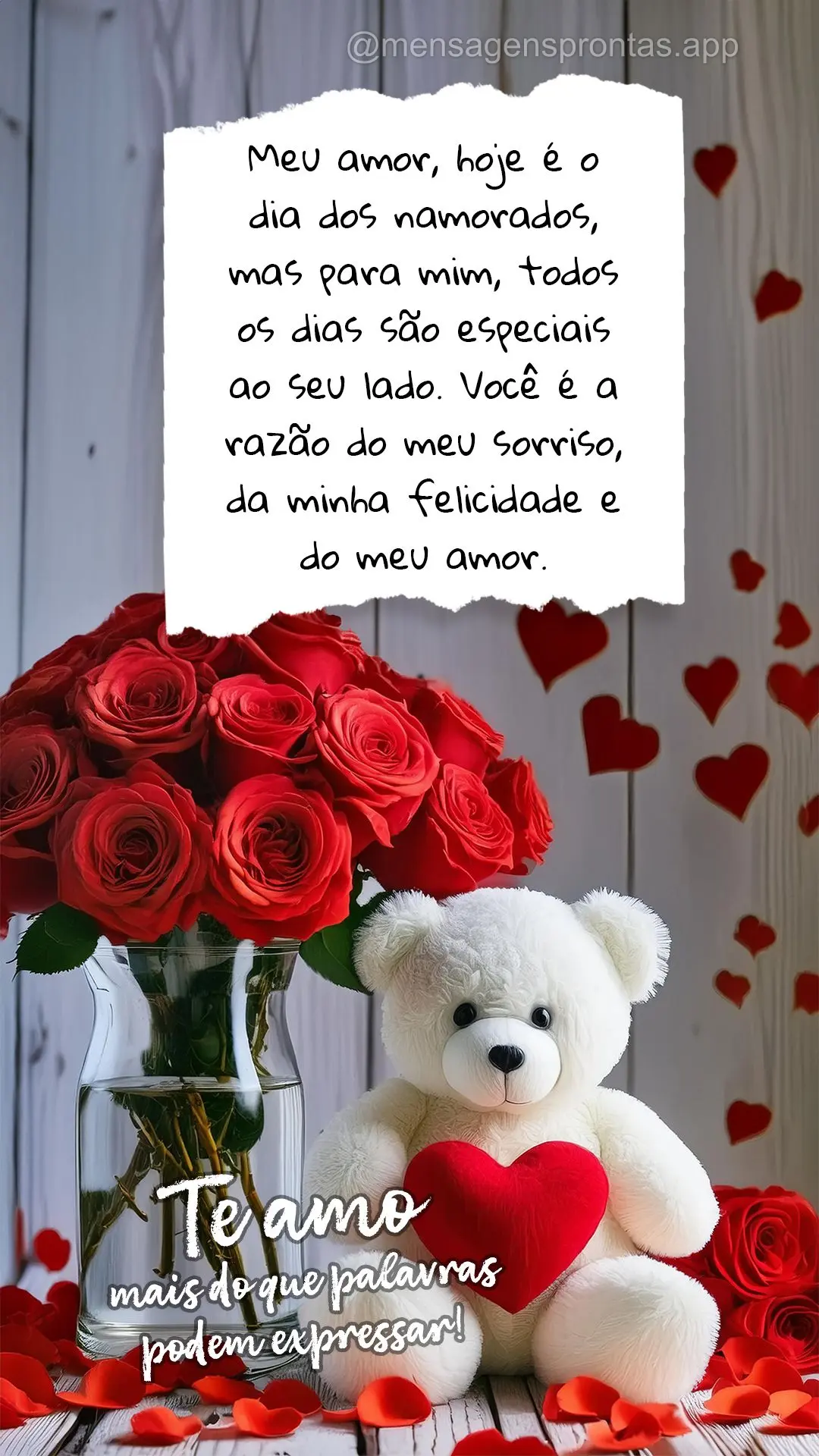 Meu amor, hoje é o dia dos namorados, mas para mim, todos os dias são especiais ao seu lado. Você é a razão do meu sorriso, da minha felicidade e do...