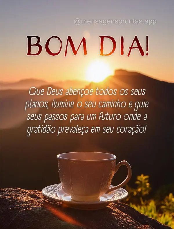 Que Deus abençoe todos os seus planos, ilumine o seu caminho e guie seus passos para um futuro onde a gratidão prevaleça em seu coração! Bom dia!