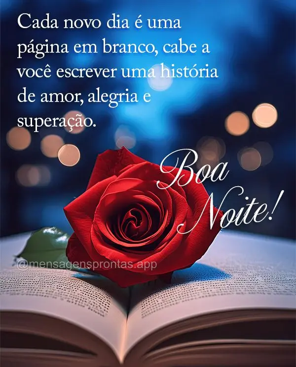 Cada novo dia é uma página em branco, cabe a você escrever uma história de amor, alegria e superação. Boa noite e até amanhã! Boa noite!