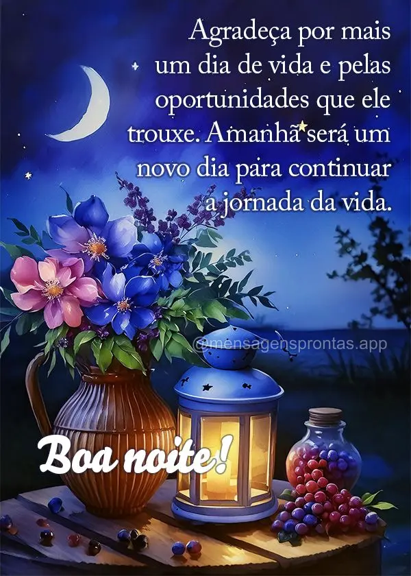 Agradeça por mais um dia de vida e pelas oportunidades que ele trouxe. Amanhã será um novo dia para continuar a jornada da vida. Boa noite!