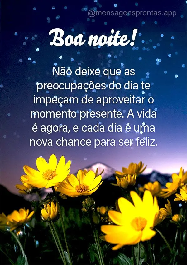 Não deixe que as preocupações do dia te impeçam de aproveitar o momento presente. A vida é agora, e cada dia é uma nova chance para ser feliz. Boa ...