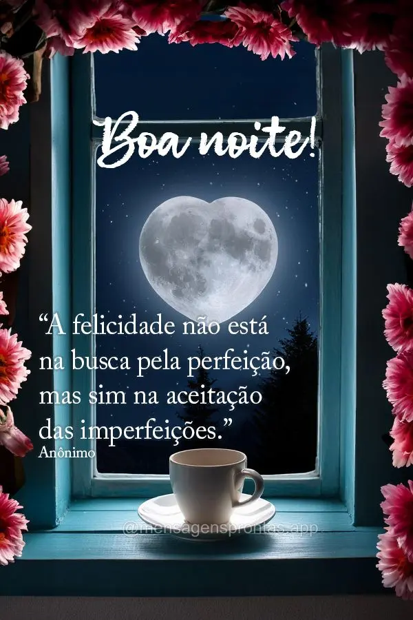 "A felicidade não está na busca pela perfeição, mas sim na aceitação das imperfeições." Boa noite!  Anônimo