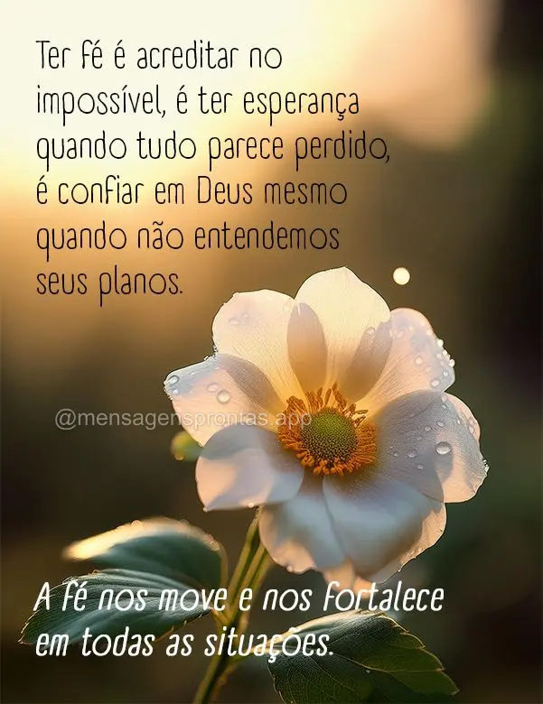 "Ter fé é acreditar no impossível, é ter esperança quando tudo parece perdido, é confiar em Deus mesmo quando não entendemos seus planos. A fé no...