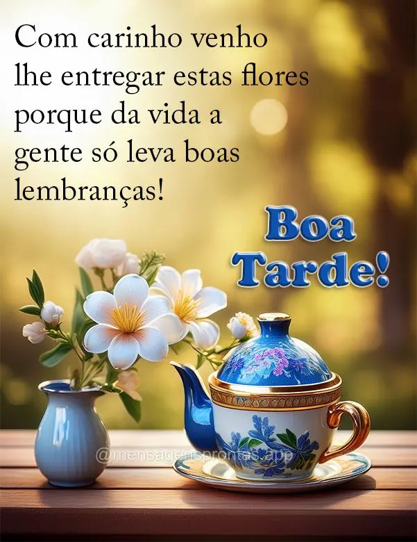 Com carinho venho lhe entregar estas flores porque da vida a gente só leva boas lembranças! Boa tarde!