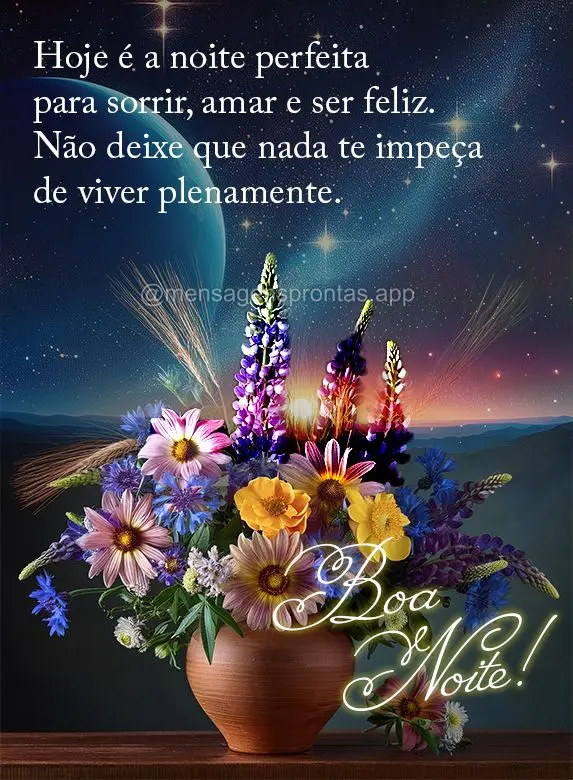 Hoje é o dia perfeito para sorrir, amar e ser feliz. Não deixe que nada te impeça de viver plenamente. Boa noite!