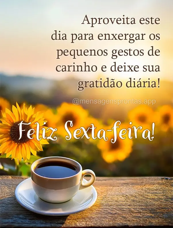 Aproveita este dia para enxergar os pequenos gestos de carinho e deixe sua gratidão diária! Feliz Sexta-feira!