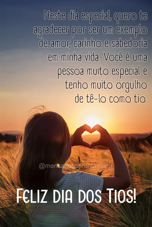 Neste dia especial, quero te agradecer por ser um exemplo de amor, carinho e sabedoria em minha vida. Você é uma pessoa muito especial e tenho muito or...