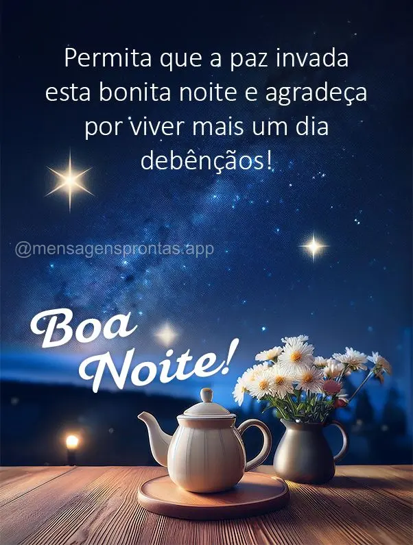 Permita que a paz invada esta bonita noite e agradeça por viver mais um dia de bênçãos! Boa noite!