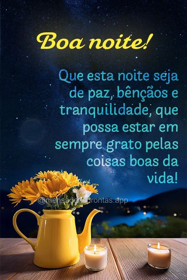 Que esta noite seja de paz, bênçãos e tranquilidade, que possa estar em sempre grato pelas coisas boas da vida! Boa noite!