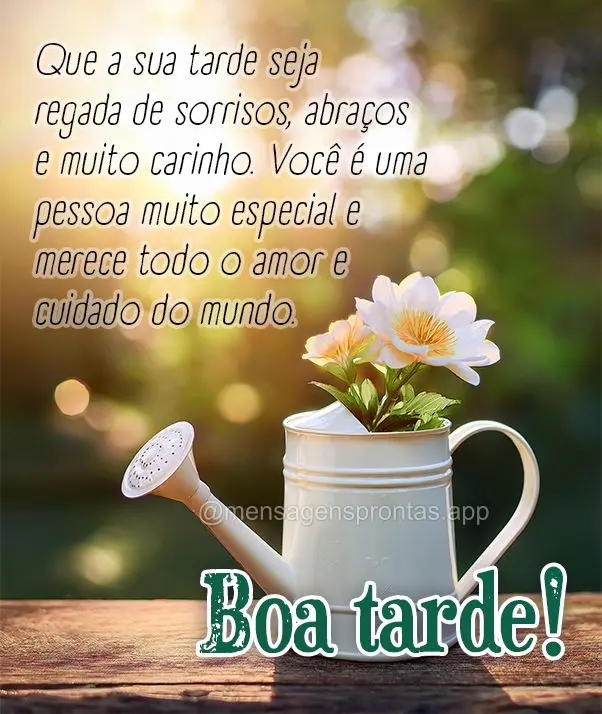 Que a sua tarde seja regada de sorrisos, abraços e muito carinho. Você é uma pessoa muito especial e merece todo o amor e cuidado do mundo. Boa tarde!...