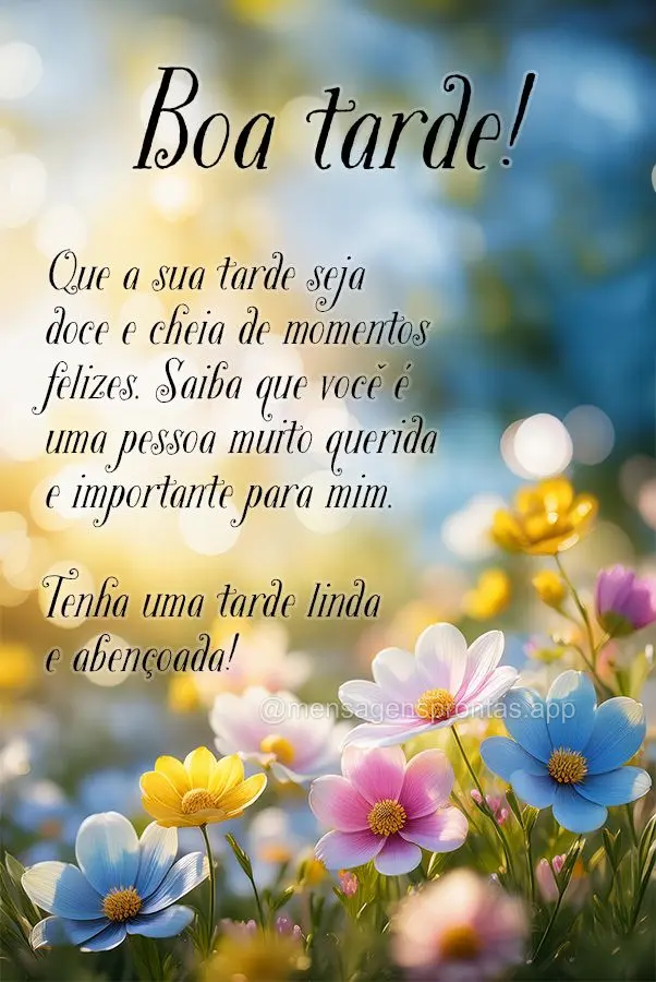 Que a sua tarde seja doce e cheia de momentos felizes. Saiba que você é uma pessoa muito querida e importante para mim. Tenha uma tarde linda e abenço...